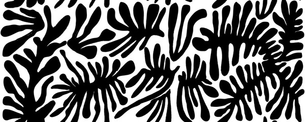 Simple abstract contemporary seamless pattern. Hand-drawn flower and leaf shape textures. Repeatable black  boho prints. Vector illustration