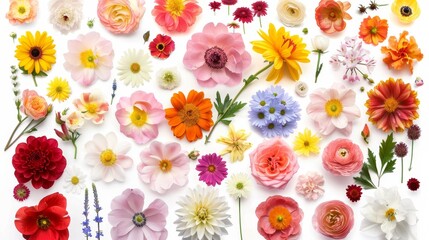 Isolated white background with a large selection of flowers