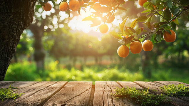 Garden with old wooden table and orange trees with fruits 