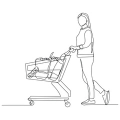 Continuous single line sketch drawing young happy woman pushing shopping trolley cart. One line retail shop mart market vector illustration	