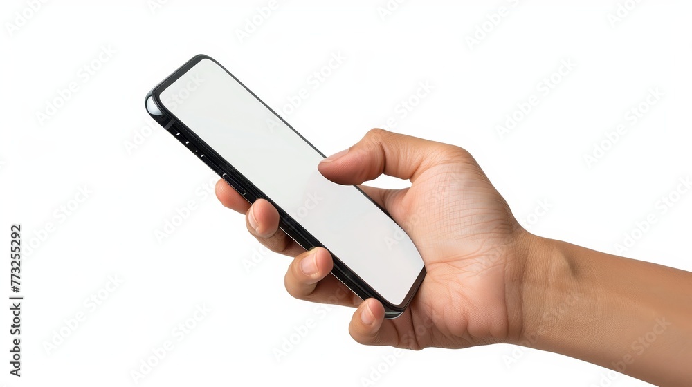 Poster isolated hand holding a phone on a white clipping path