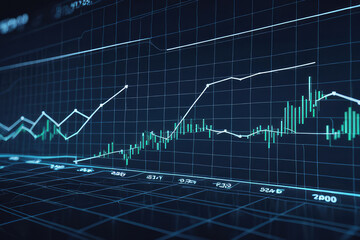 Growing line chart graph, business development competition concept animation. Hi tech style charts with grid. Camera movement with depth of field.