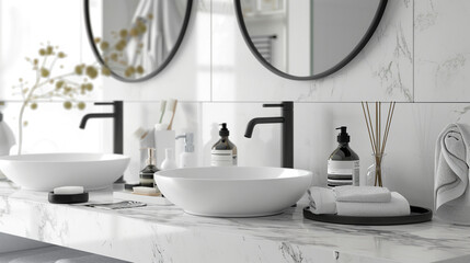 The timeless elegance of a white bathroom interior is highlighted by a marble countertop, offering copy space amidst carefully curated bathroom appliances, perfect for a distinguished product display.