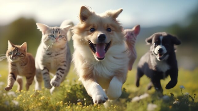 Cute Funny Dog and Cat Group Jumps and Running