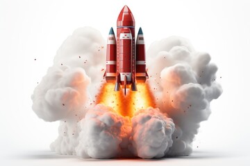 Red rocket flying high in the sky with smoke isolated on white background