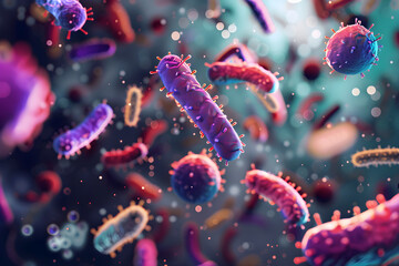 Closeup of group of bacteria on blue background. Abstract 3d background of microscopic floating bacteria with copy space. Microbiology and medicine. Dangerous disease strain, infection disease concept