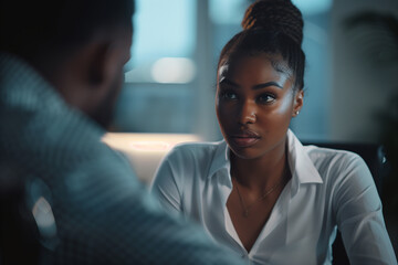 dark-skinned man interviews dark-skinned woman, office job interview.