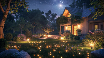 The warm glow of lights illuminates a suburban house's garden on a summer evening, with the patio offering a peaceful retreat under the starry sky.