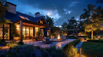 The warm glow of lights illuminates a suburban house's garden on a summer evening, with the patio offering a peaceful retreat under the starry sky. - obrazy, fototapety, plakaty