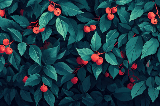 Red Berries on Green Bush with Leaves and Dor Summer Harvest Natural Background Illustration
