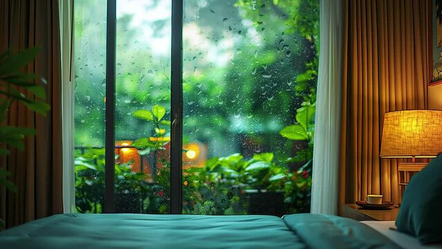 view from inside the room with the feel of rain outside the window, with warm light