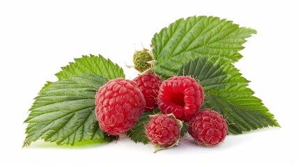 A raspberry with leaves isolated on a white background.
