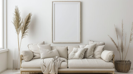 A white couch with pillows and a picture frame on the wall. The couch is covered in a patterned blanket and there is a basket on the floor