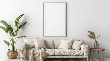 A white couch with pillows and a vase of flowers on a table. The couch is surrounded by a plant and a basket. The room has a clean and minimalist look, with a focus on the couch - obrazy, fototapety, plakaty