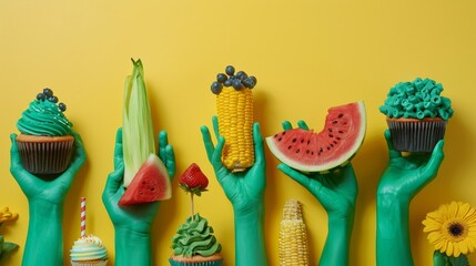 Surreal showcase of American summer food, green hands against yellow backdrop holding festive treats