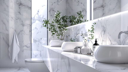This chic bathroom, adorned in elegant white, features a sleek marble countertop with space for copy, set against an array of modern bathroom appliances, ideal for product placement and promotion.