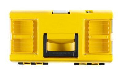 Plastic box tool isolated on white, top view