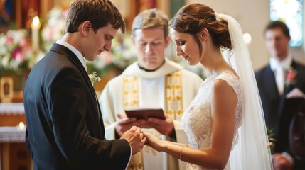 A traditional church wedding ceremony with the bride and groom exchanging rings.