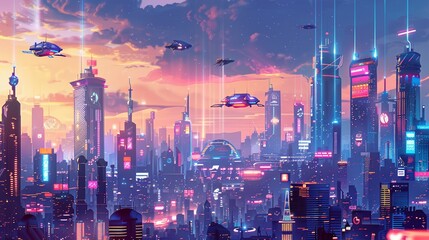 Cybernetic Cityscape Create an illustration of a futuristic city skyline, featuring towering skyscrapers, flying vehicles, and holographic advertisements - obrazy, fototapety, plakaty