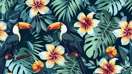 Tropical Retro Design a pattern featuring retrostyle tropical motifs such as palm leaves, hibiscus flowers, and toucans in shades of blue, evoking the laidback and sunny vibes of retro vacations