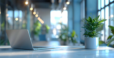 Blurred background of an office interior with laptop and plant. High-resolution