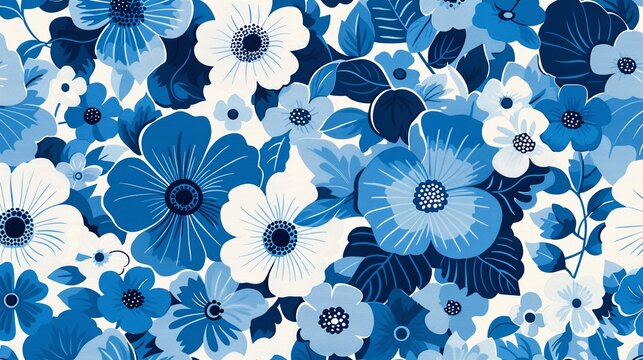 Vintage Florals Design a pattern showcasing retro style floral prints in shades of blue, with bold and graphic flower patterns reminiscent of wallpaper designs 