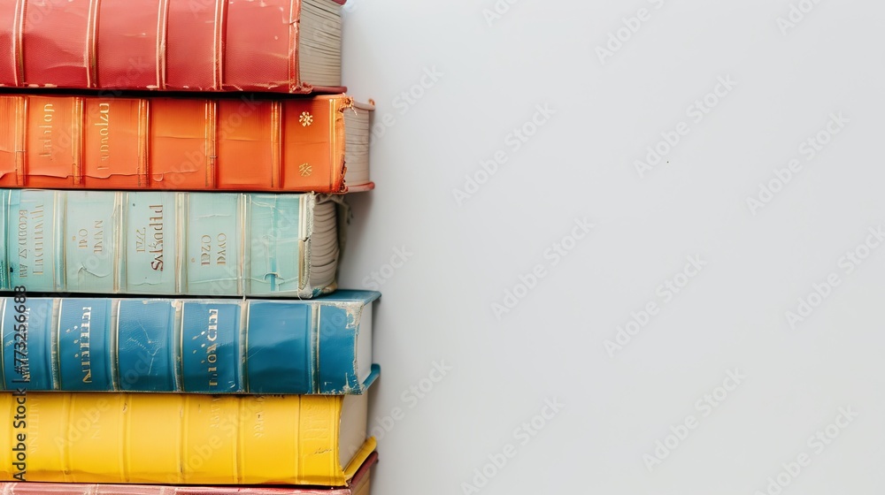 Poster Back to school and learning concept with stack of colorful books isolated on white background. Collection of different books. Hardback books for reading.