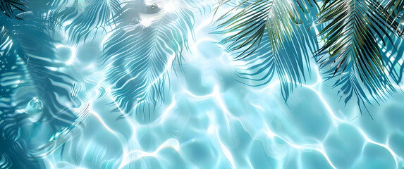 Sea background with palm leaves and shadows on blue water. High-resolution