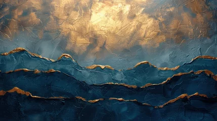 Gordijnen Abstract art grunge paint background by deep blue and gold texture © tydeline