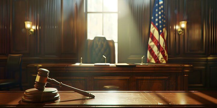 American courtroom with United States flag judges gavel symbolizing law and order in the legal system. Concept Legal System, American Courtroom, Judges Gavel, Law and Order, United States Flag