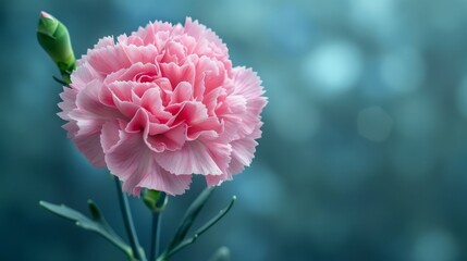 A single pink carnation delicately stands against a softly blurred background, its vibrant hue contrasting with the gentle blur, creating a captivating focal point.