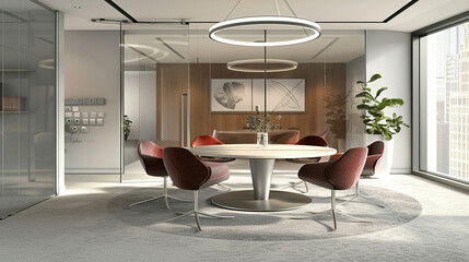 This stylish meeting room in an office setting showcases a circular table and comfortable chairs, with the clever addition of an invisible door, enhancing the room's modern aesthetic.