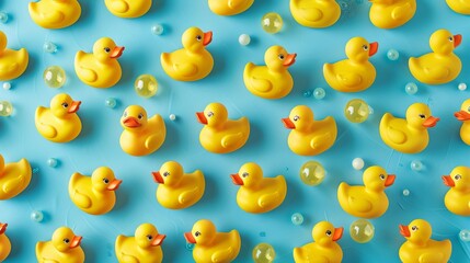 Rubber Duckies Galore Design a pattern featuring rows of yellow rubber duckies floating in a bathtub or pool Add bubbles, bath toys, and shower heads for a whimsical  - obrazy, fototapety, plakaty