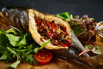 Rainbow trout stuffed with vegetables and pomegranate seeds, accompanied by a salad, served on a...