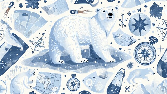 North Pole Expedition Design a pattern inspired by a polar bears journey to the North Pole Include elements like compasses, maps, and snowshoes to convey a sense of adventure 