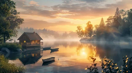 Papier Peint photo Lavable Matin avec brouillard Sunrise Serenity Craft a pattern featuring a tranquil sunrise over a calm lake or river Include elements such as misty morning fog, fishing boats, and lakeside cabins 
