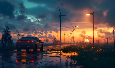 An electric car charging at sunset, with wind turbines in the background. High-resolution