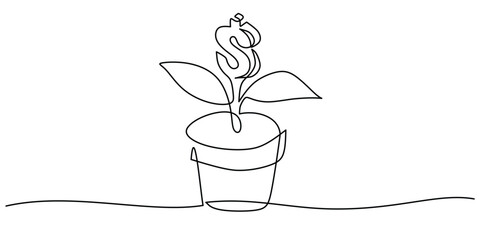 Continuous one line drawing hand with money plant in pot.