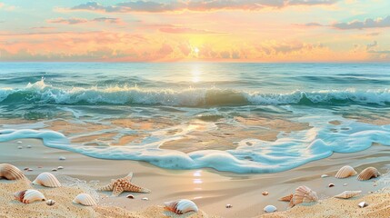 Fototapeta na wymiar Beach Sunset Serenity Create a pattern showcasing a sunset over the ocean, with waves gently crashing against the shore Include beach umbrellas, seashells, and sand dunes for a tranquil beach scene 