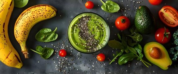 Top view photo of a green smoothie with chia seeds in a glass with decorated vegetables background....