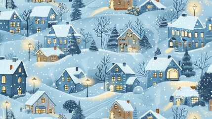 Fototapeta premium Snowy Village Design a pattern featuring a quaint village blanketed in snow Include charming houses, winding streets, and glowing street lamps to evoke a sense of coziness and warmth