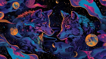 Galactic Wolves Design a pattern showcasing wolves against a backdrop of swirling galaxies and cosmic phenomena Use vibrant colors and celestial motifs to create a sense of awe and wonder