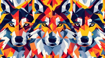 Abstract Wolf Patterns Create a pattern featuring abstract representations of wolves, using geometric shapes, lines, and patterns Experiment with bold color contrasts and dynamic compositions