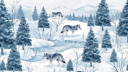 Winter Wolf Pack Craft a pattern showcasing a pack of wolves traversing a snowy landscape Include details such as snow covered trees, icy rivers, and frosty breath to convey the chill of winter  - obrazy, fototapety, plakaty