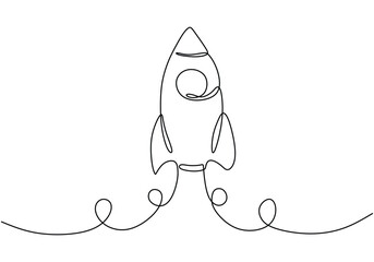 One continuous line drawing of Rocket space ship launch into universe