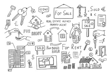 Set of real estate theme in doodle style. For rent, for sale, for sold, property agent, property agency, house keys, deal, contract. Good for banner, posters, cards, professional design. Hand drawn