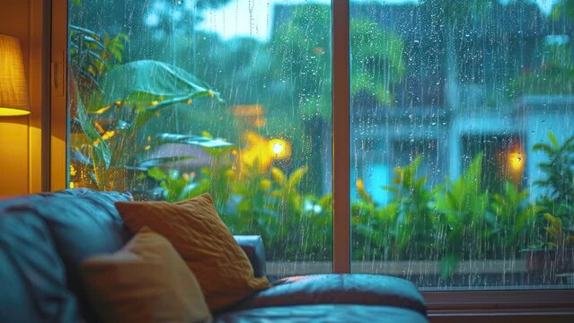 view from inside the room with the feel of rain outside the window, with warm light