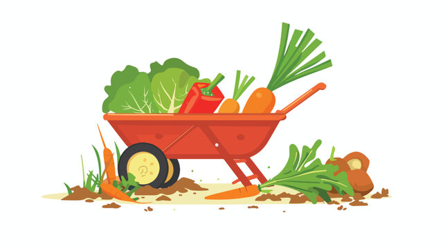 Garden wheelbarrow with vegetables. Flat vector carto