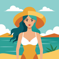 A playful illustration of a woman on a beach with summer vacation vibes and tropical surroundings.