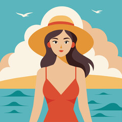 A playful illustration of a woman on a beach with summer vacation vibes and tropical surroundings.